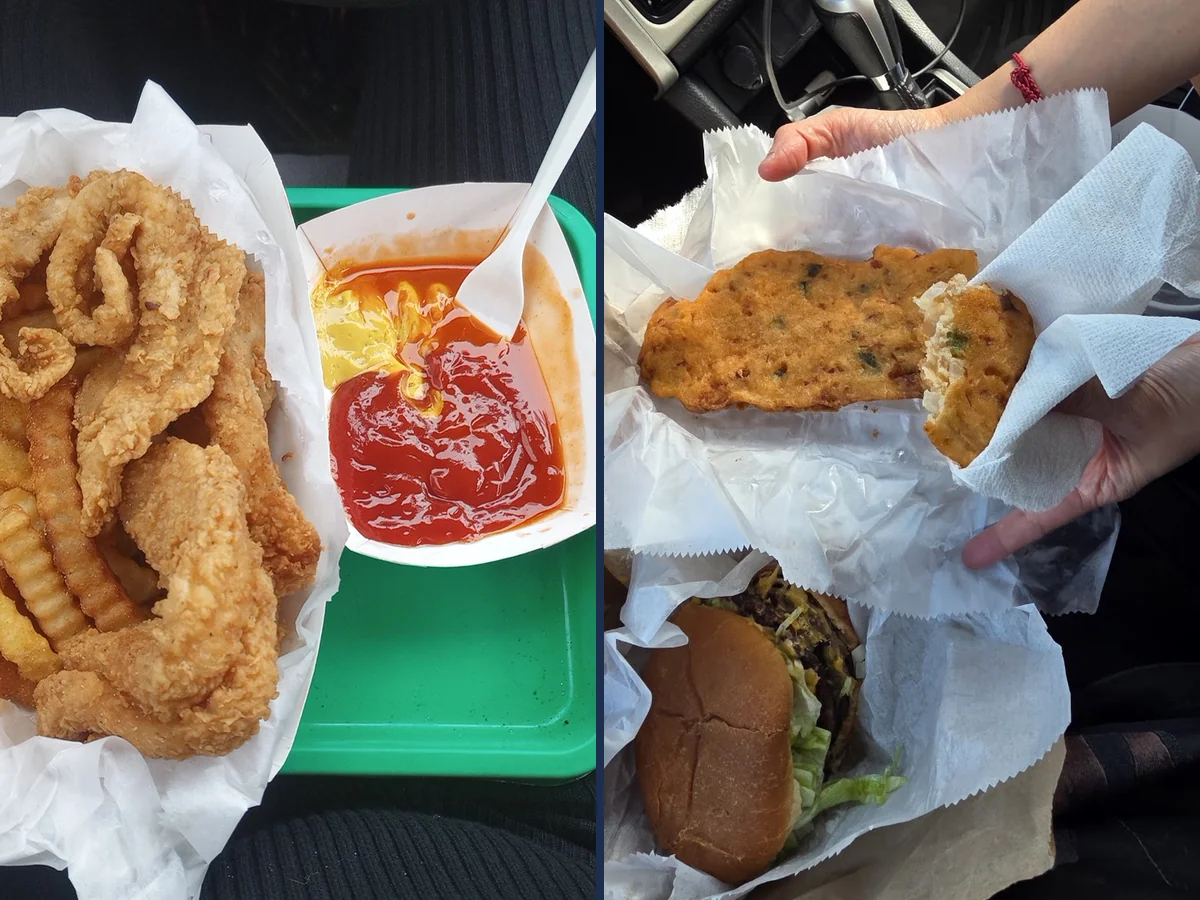 Counter with fried seafood and takeaway containers.